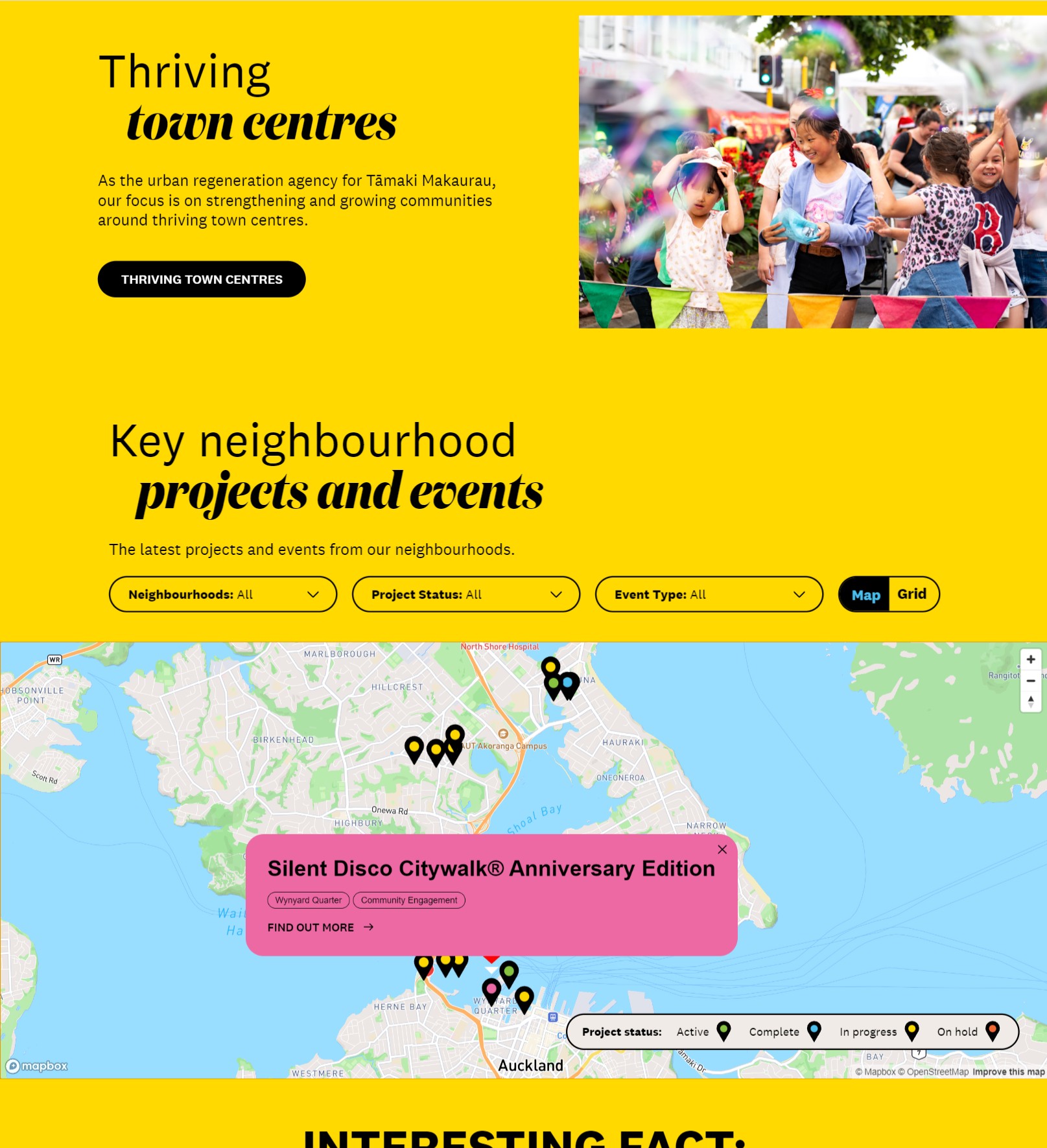 Screenshot of a map displaying locations of projects and events in Manukau