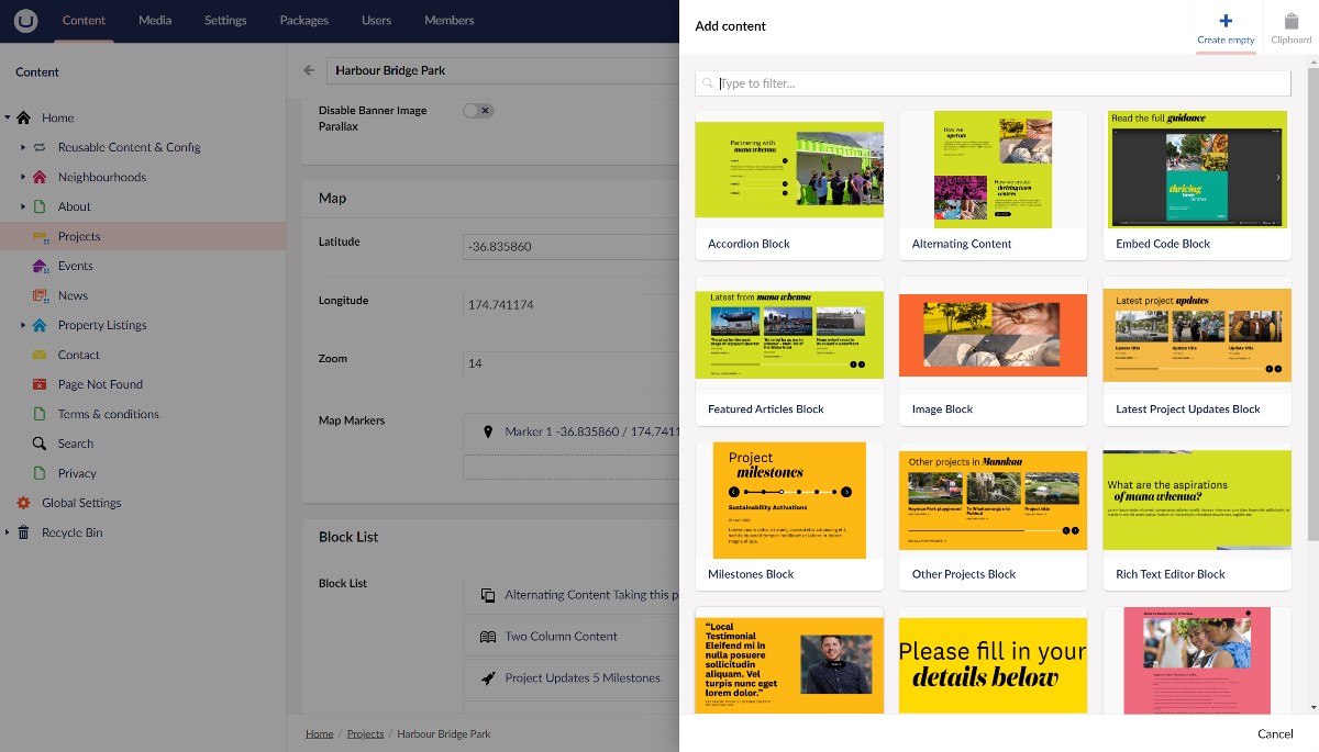 CMS screenshot displaying a long list of block editor layouts to the user